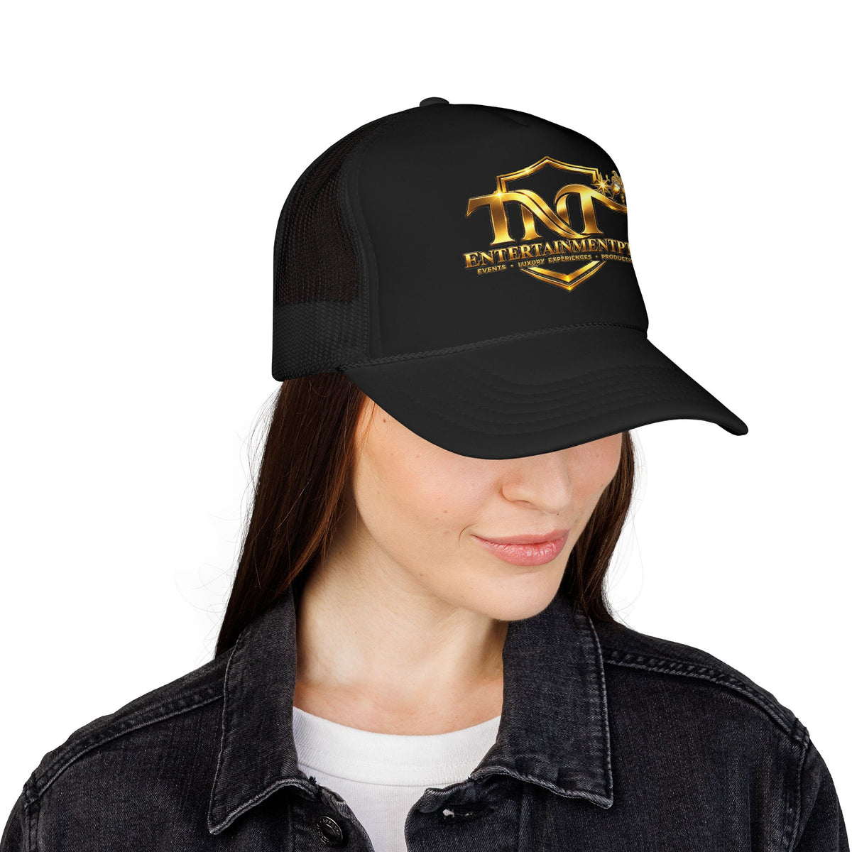 TNT Gold Shield Trucker Hat — "ENTERTAINMENTPITY" Logo Foam Mesh Cap