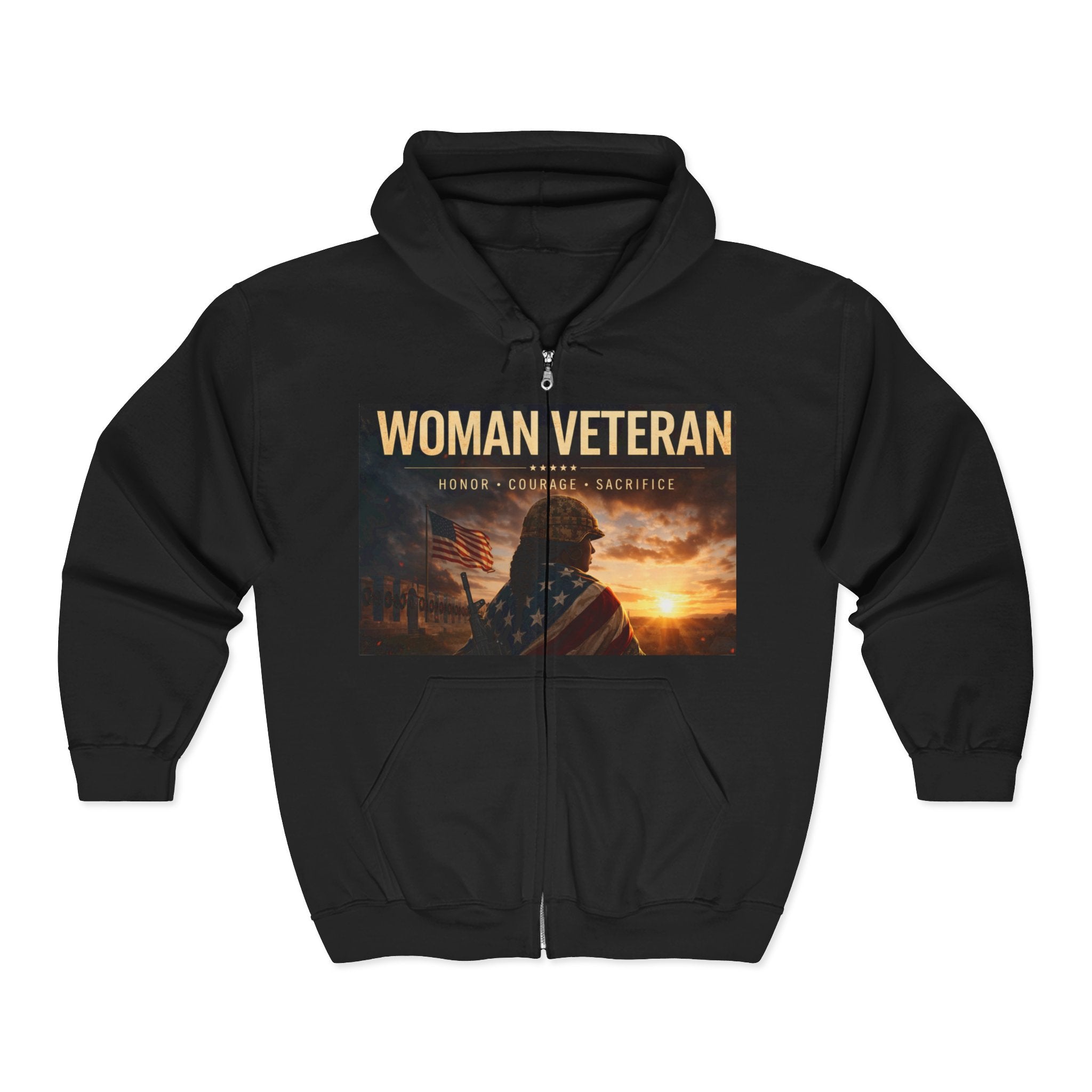 Woman Veteran Zip Hoodie — Retro Tie-Dye Graphic Full-Zip Sweatshirt