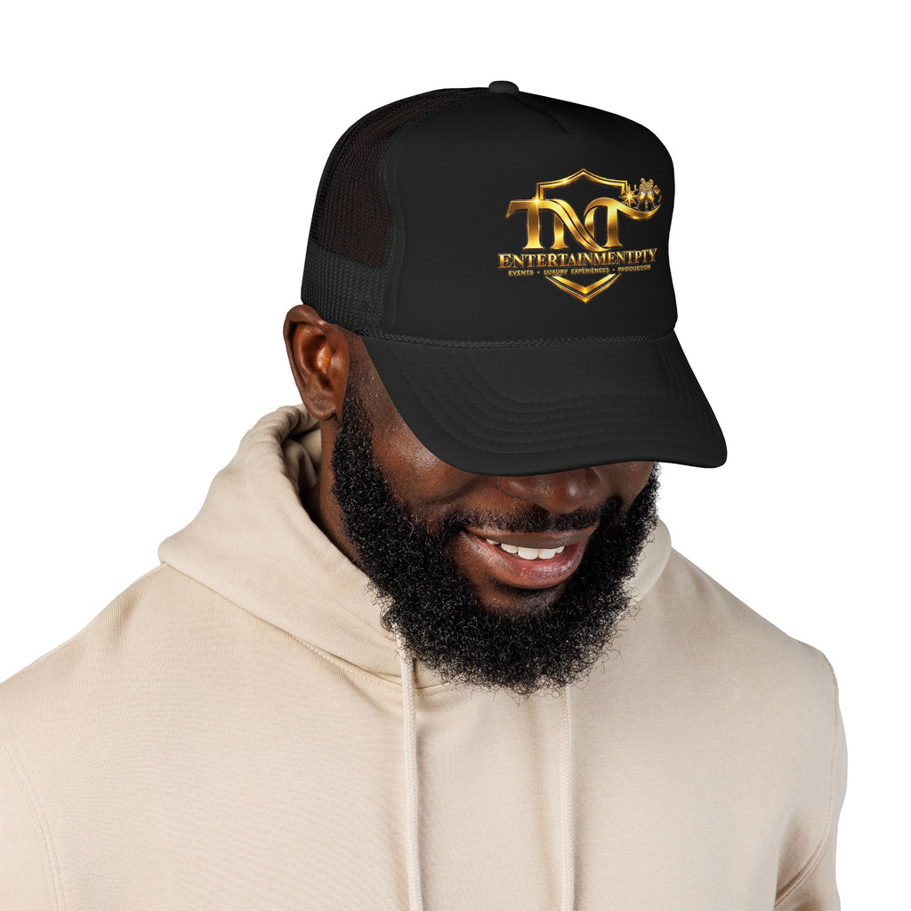 TNT Gold Shield Trucker Hat — "ENTERTAINMENTPITY" Logo Foam Mesh Cap