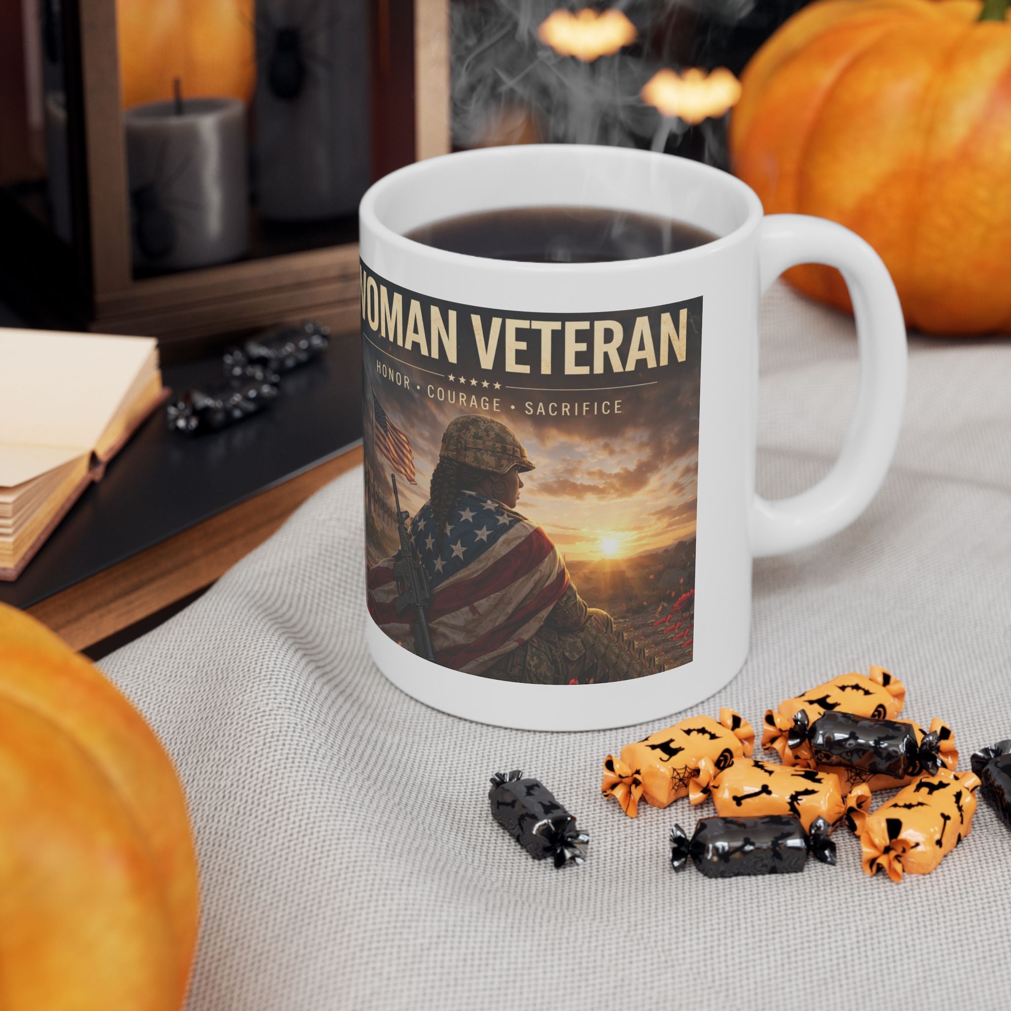 Woman Warrior Ceramic Mug — Honor & Courage Military Tribute (11oz/15oz)