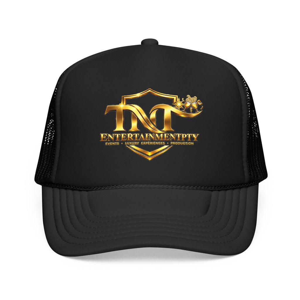 TNT Gold Shield Trucker Hat — "ENTERTAINMENTPITY" Logo Foam Mesh Cap