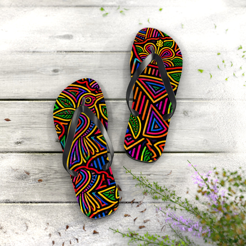 Neon Floral  Pattern Flip Flops — Colorful Psychedelic Beach Sandals