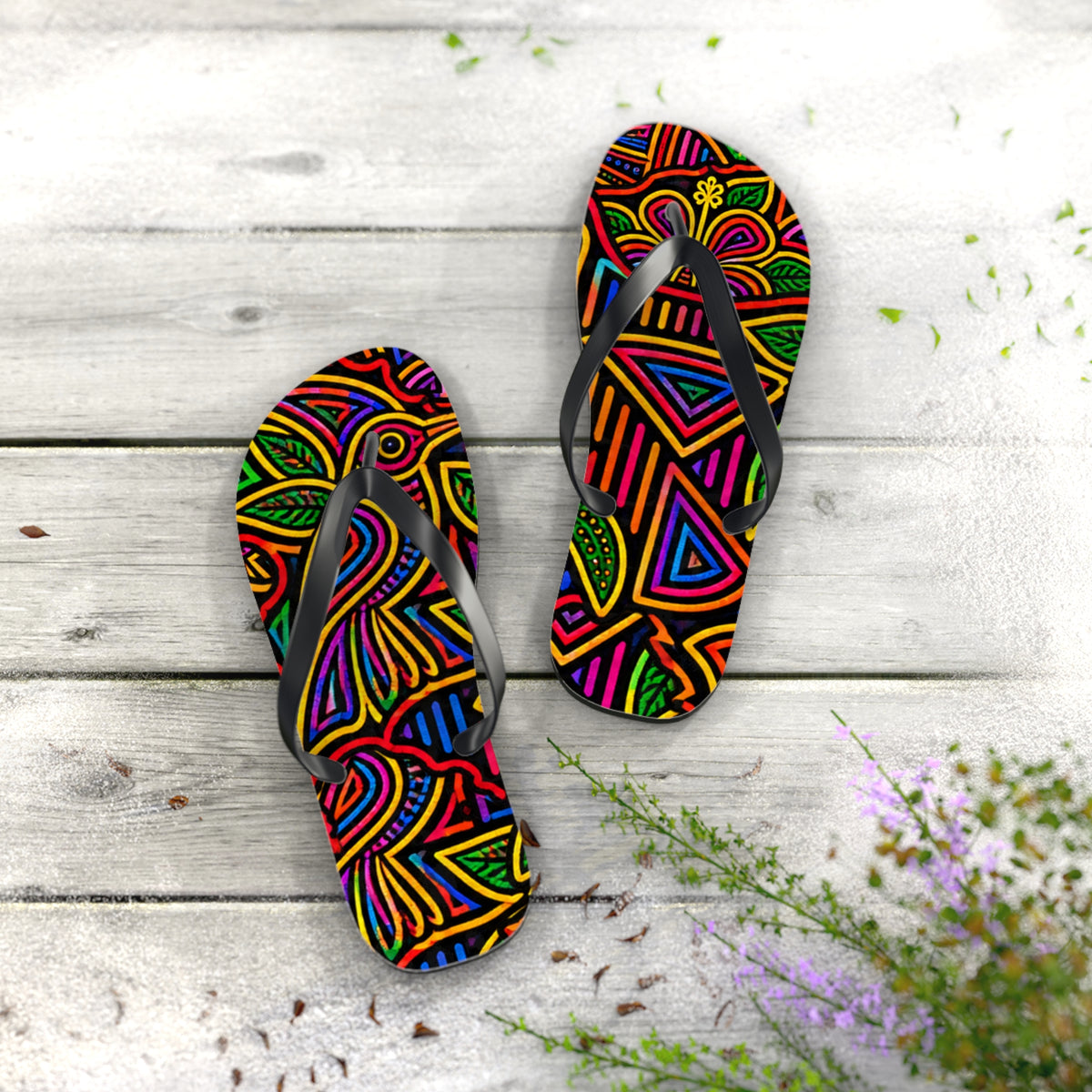 Neon Floral  Pattern Flip Flops — Colorful Psychedelic Beach Sandals