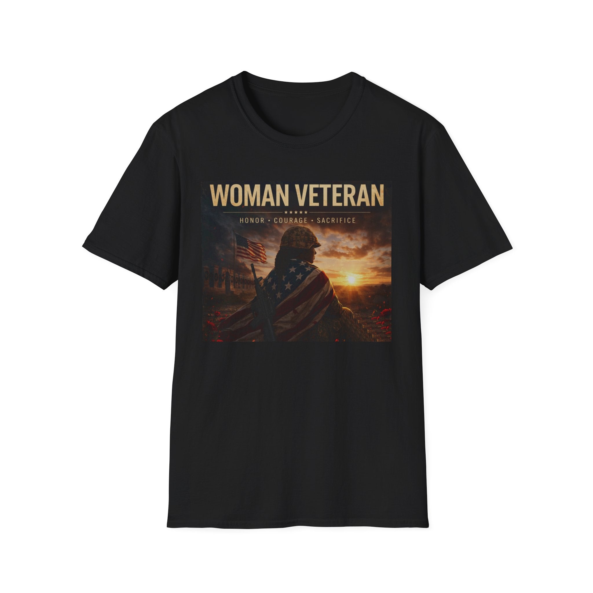 Woman Veteran T-Shirt — Proud Service, Honor Courage Sacrifice Graphic Tee