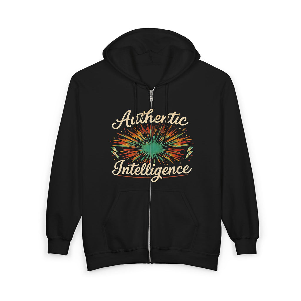 Authentic Intelligence Zip Hoodie — Retro Tie-Dye Graphic Full-Zip Sweatshirt