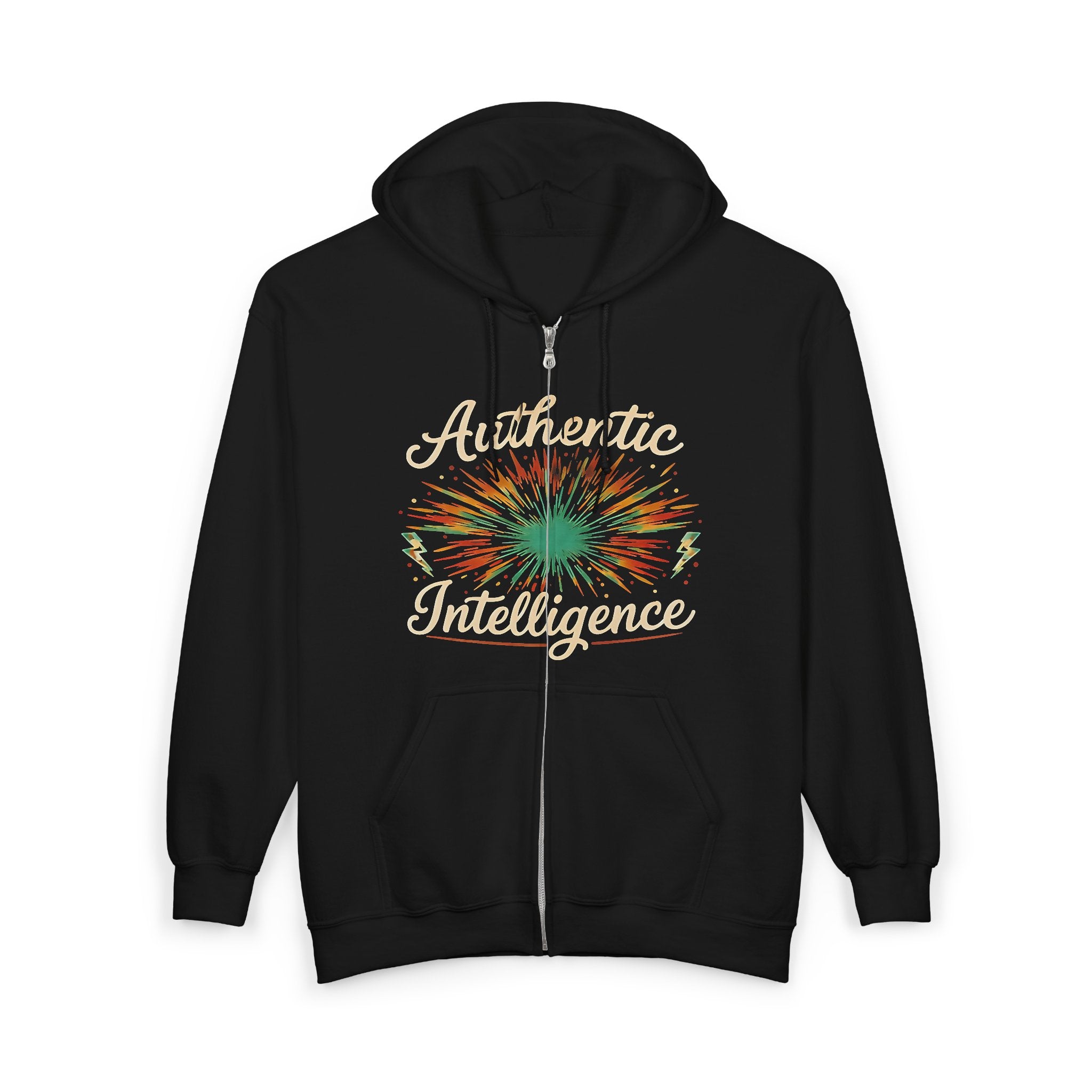 Authentic Intelligence Zip Hoodie — Retro Tie-Dye Graphic Full-Zip Sweatshirt