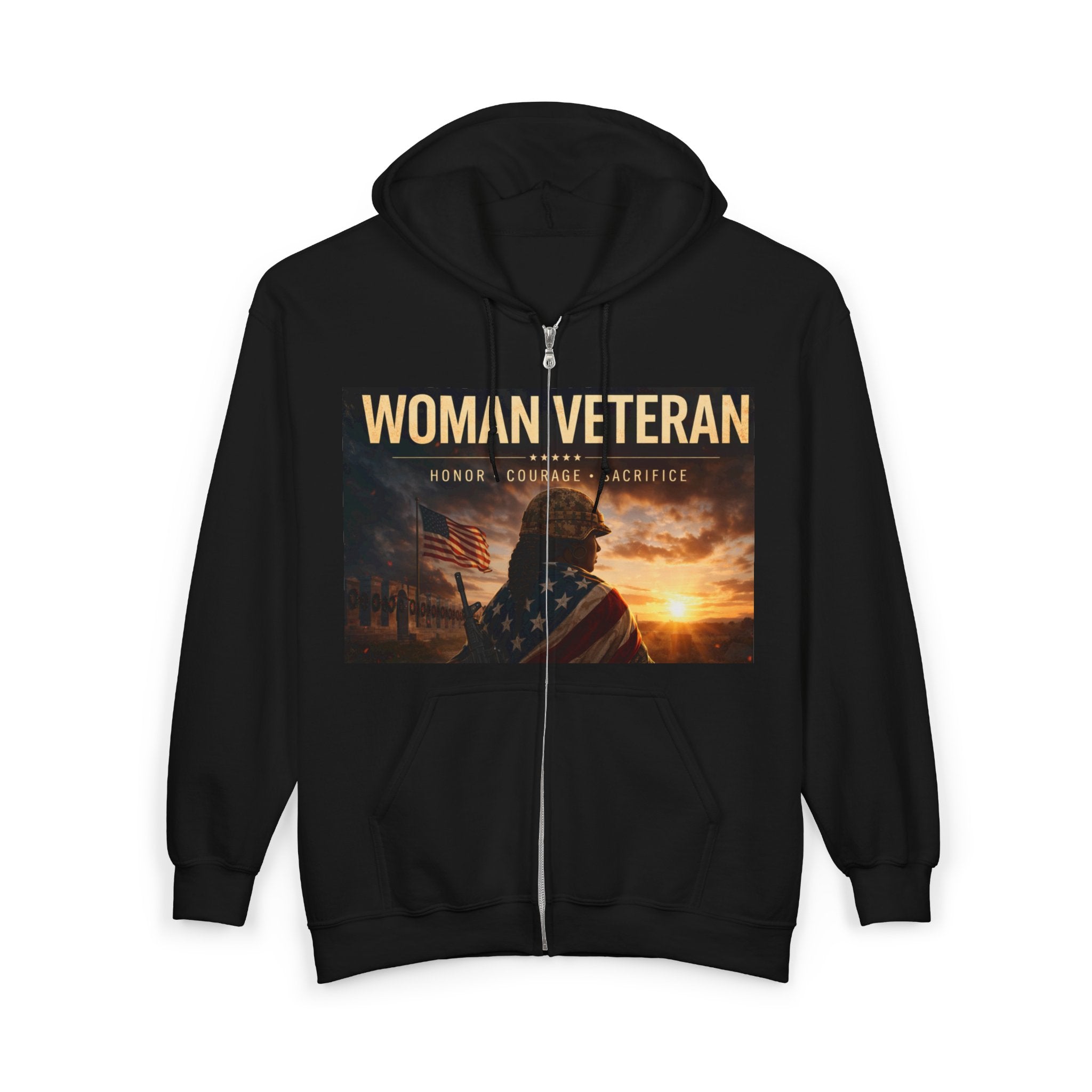 Woman Veteran Zip Hoodie — Retro Tie-Dye Graphic Full-Zip Sweatshirt