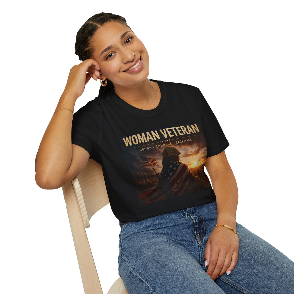 Woman Veteran T-Shirt — Proud Service, Honor Courage Sacrifice Graphic Tee