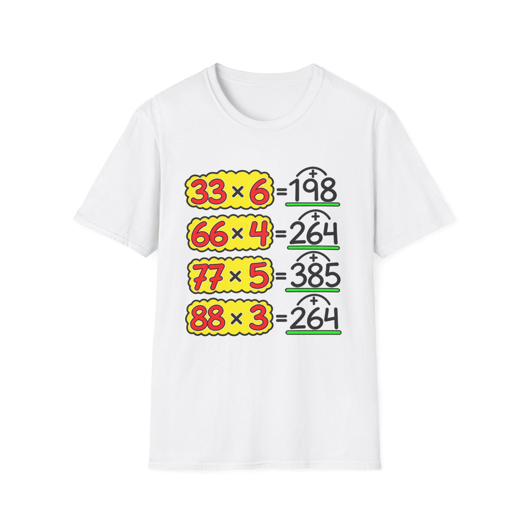 Math Humor T-Shirt – Funny Multiplication Puzzle Design (33×6, 66×4, 77×5, 88×3)