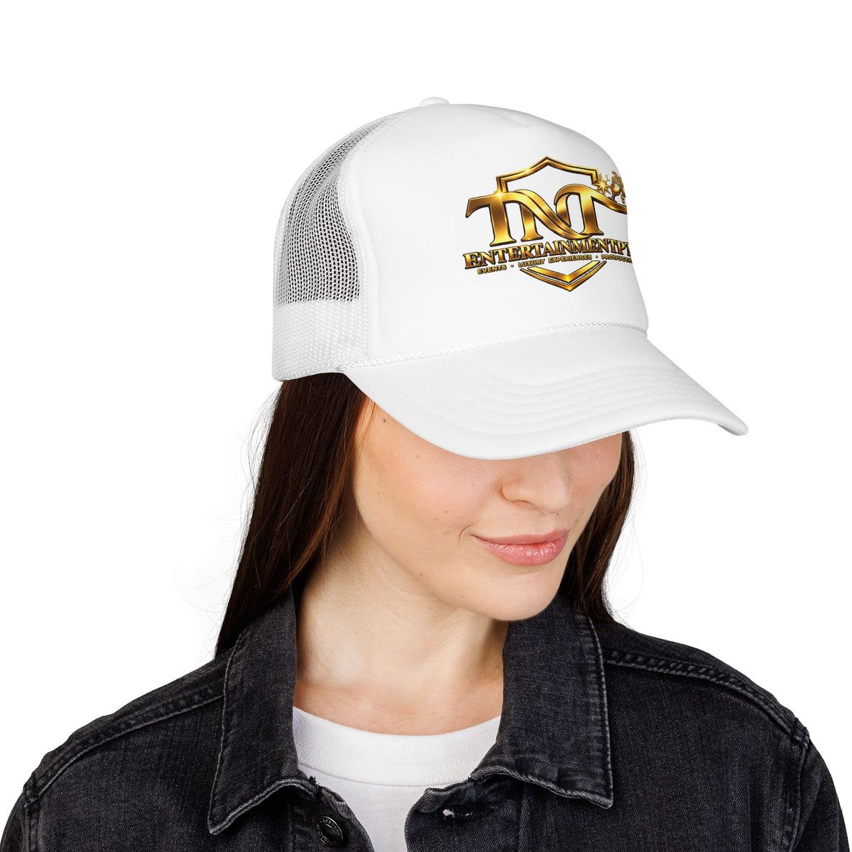 TNT Gold Shield Trucker Hat — "ENTERTAINMENTPITY" Logo Foam Mesh Cap
