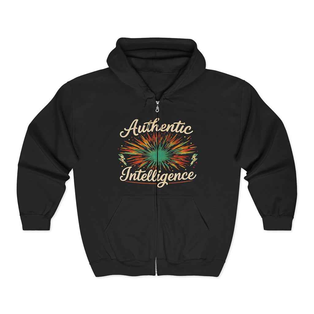 Authentic Intelligence Zip Hoodie — Retro Tie-Dye Graphic Full-Zip Sweatshirt