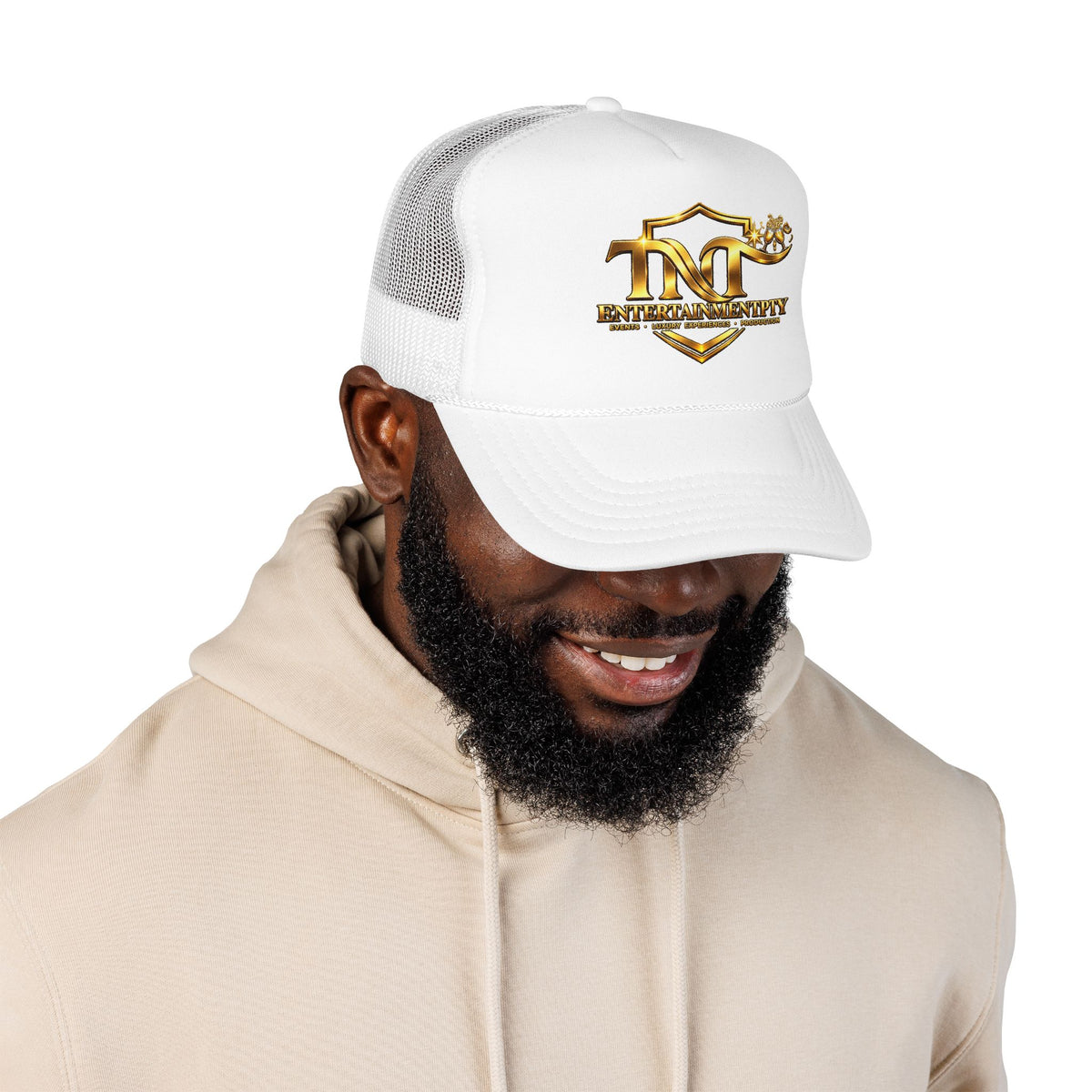 TNT Gold Shield Trucker Hat — "ENTERTAINMENTPITY" Logo Foam Mesh Cap