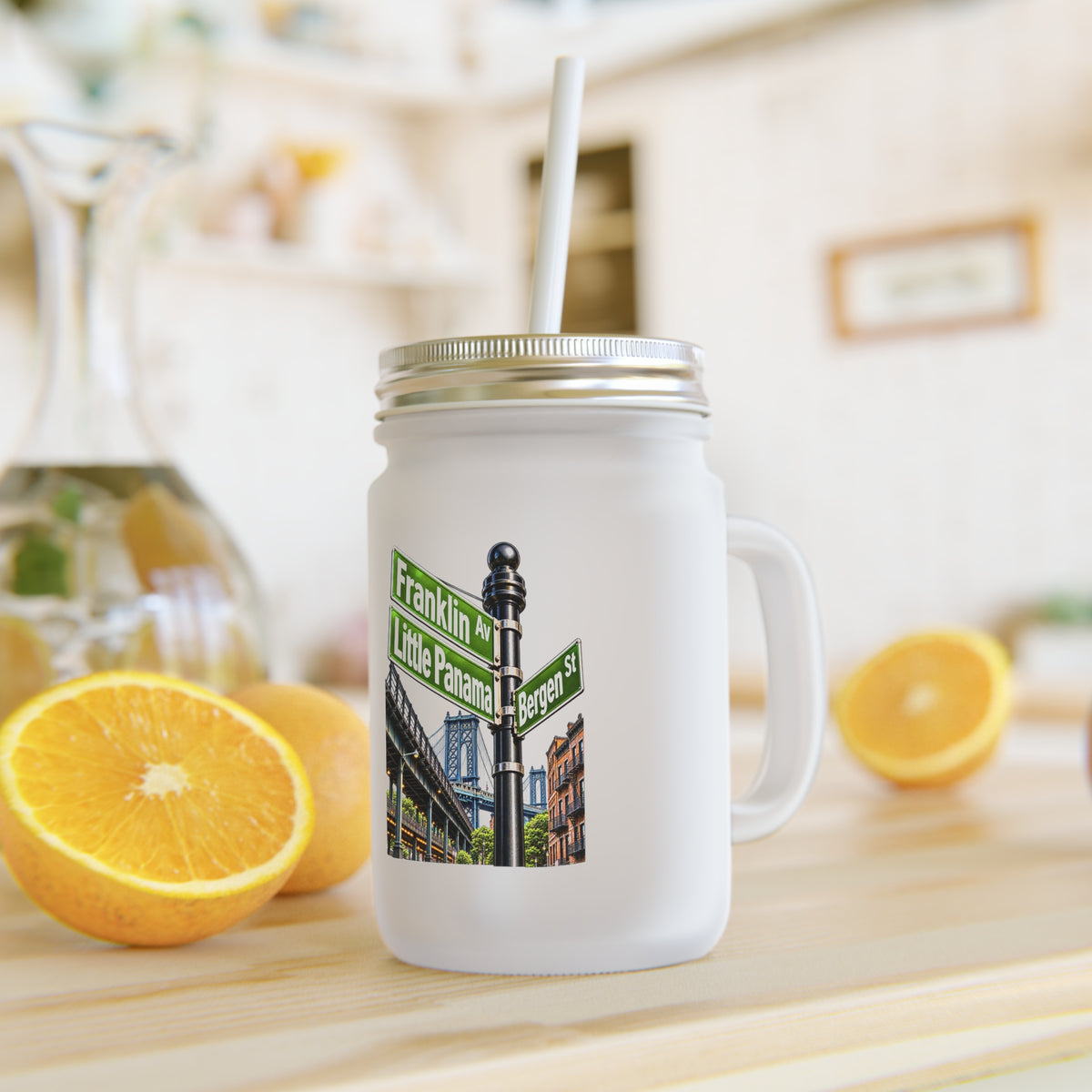Franklin & Little Pecan Street Sign Mason Jar Tumbler — City Landmark Drink Jar with Handle & Straw
