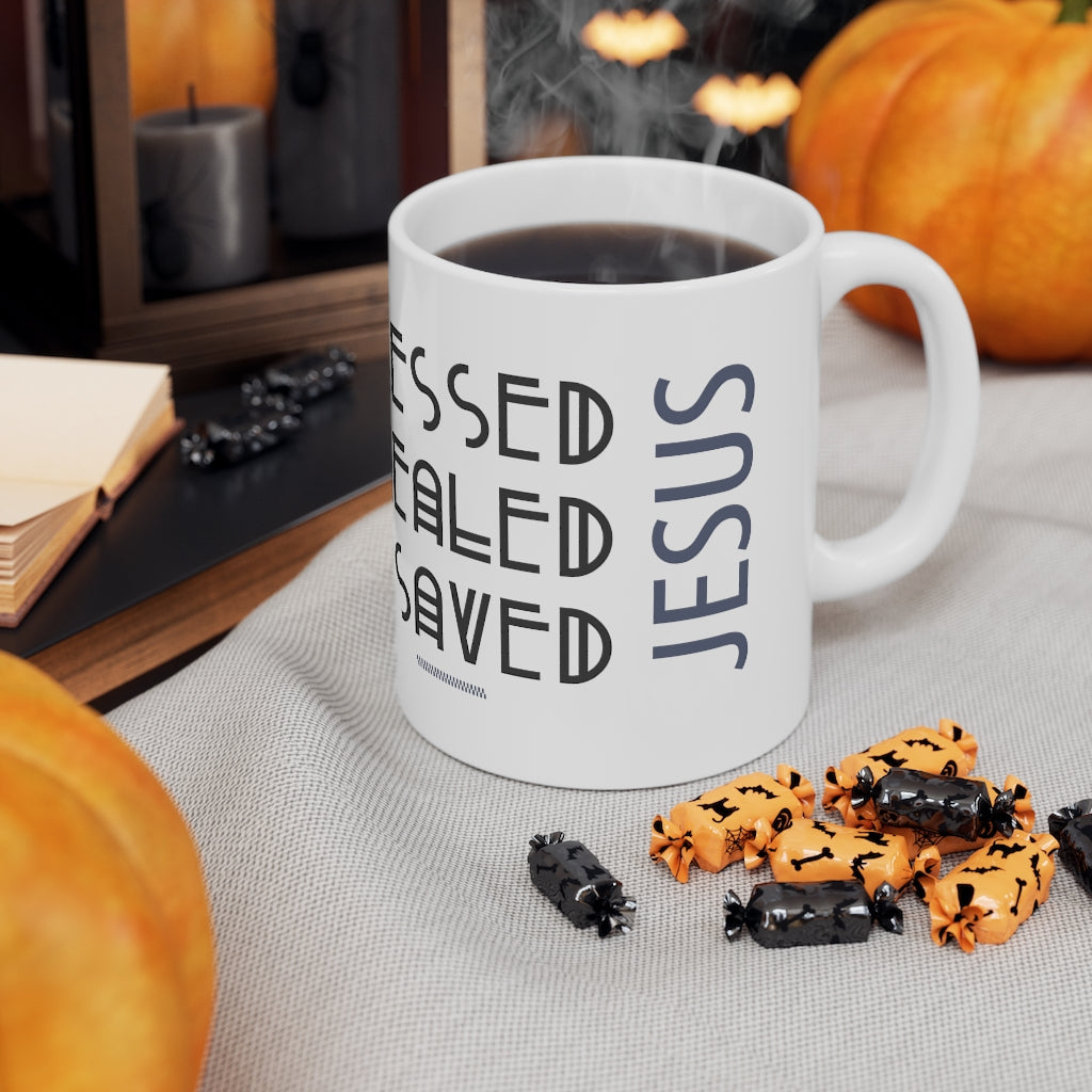 Ondflyartdesign BLESSED HEALED SAVED Ceramic Mug 11oz